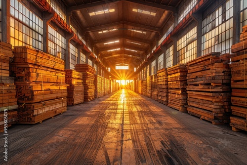 Wallpaper Mural Stacks of Wooden Planks in a Sunlit Warehouse Torontodigital.ca