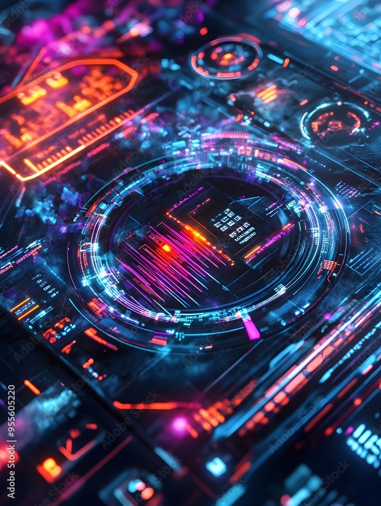 Vibrant 3D Web Interface with Holographic Controls and Futuristic Data Visualization Vibrant 3D Web Interface with Holographic Controls and Futuristic Data Visualization