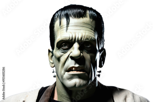 Frankenstein's face, detailed with stitches and bolts, embodying the classic Halloween character, isolated on a pristine white background for a high-quality stock photograph