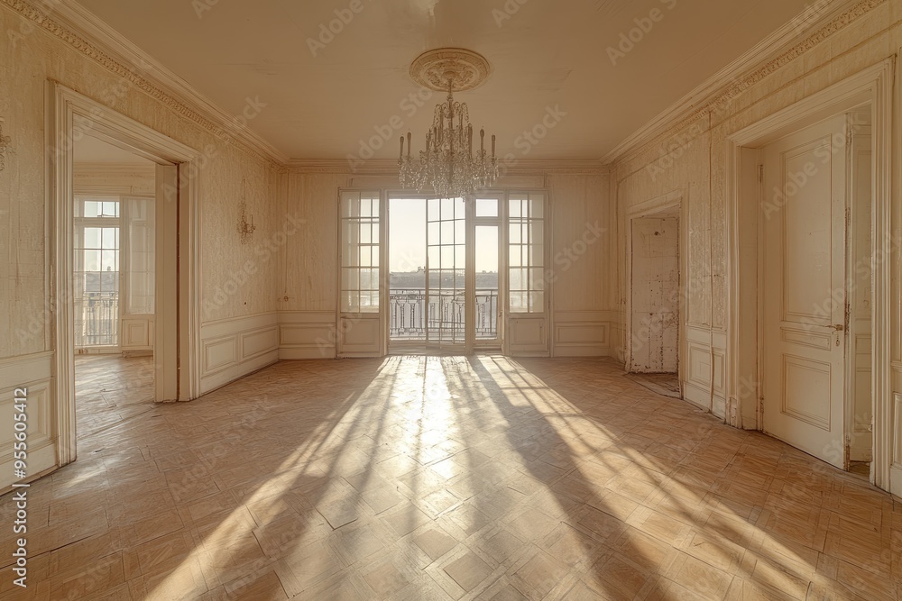 Obraz premium Sunlit Room with French Doors and Chandelier in Abandoned Mansion