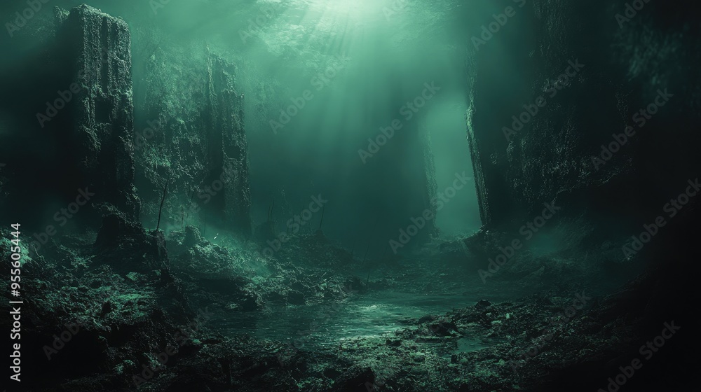 An atmospheric shot of a deep ocean environment with deep-sea vents and the surrounding murky waters teeming with strange life forms. An atmospheric shot of a deep ocean environment with deep-sea vents and the surrounding murky waters teeming with strange life forms.