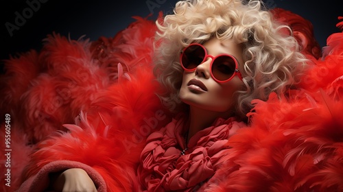 An eccentric individual wearing a feather boa and oversized sunglasses, striking a pose against a bold red background with a confident attitude