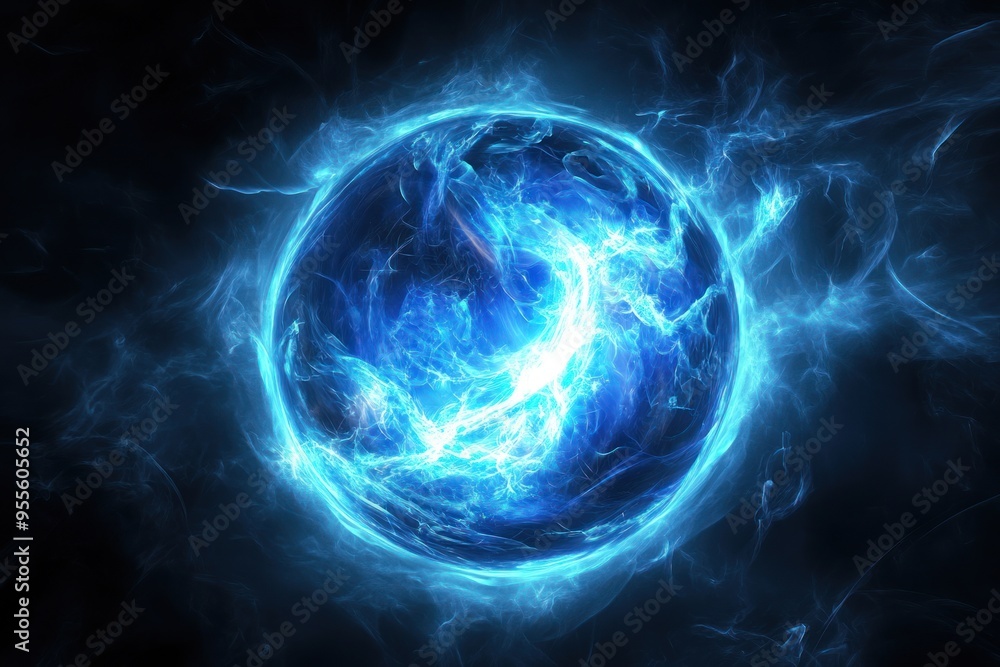 a glowing blue energy sphere on black background, radiating light from the center a glowing blue energy sphere on black background, radiating light from the center