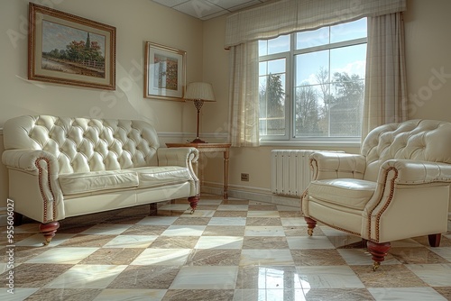 Two White Leather Couches in a Sunlit Living Room