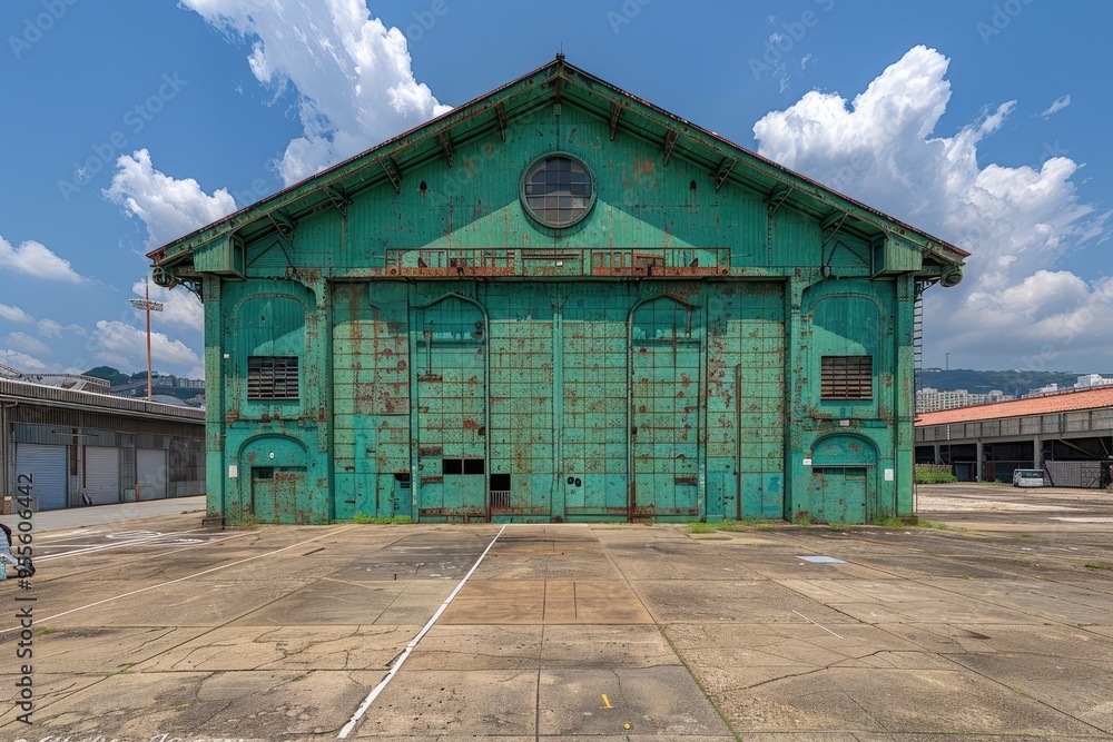 Weathered Green Building with Large Doors and Circular Window Weathered Green Building with Large Doors and Circular Window