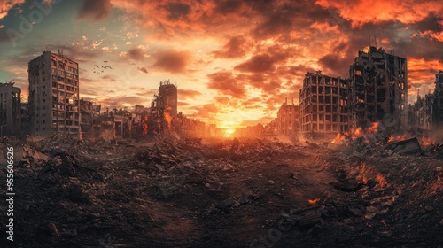 Views of cities and cars destroyed by war and disasters in the future background wallpaper AI generated image #955606626