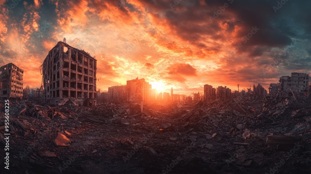 Fototapeta premium Views of cities and cars destroyed by war and disasters in the future background wallpaper AI generated image