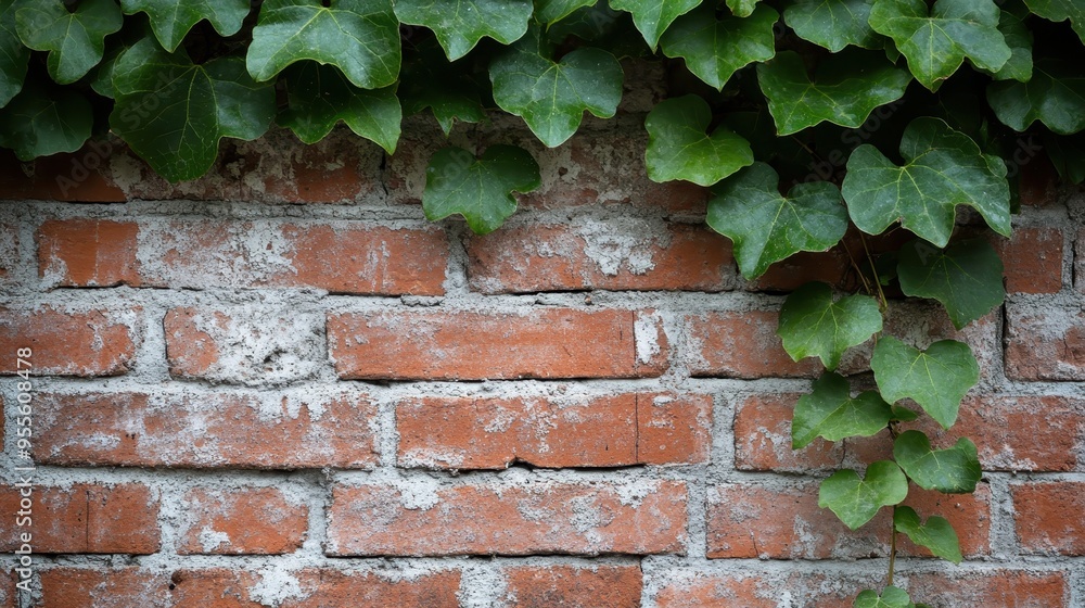 This image shows a red brick wall with green ivy leaves growing over it, adding a natural touch to the rustic brick background in an outdoor setting. This image shows a red brick wall with green ivy leaves growing over it, adding a natural touch to the rustic brick background in an outdoor setting.
