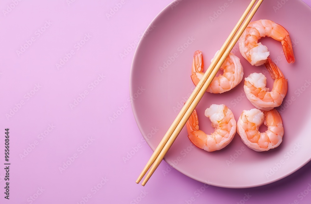 Elegant arrangement of shrimp on a pastel pink plate with chopsticks highlighting minimalistic and modern food presentation Elegant arrangement of shrimp on a pastel pink plate with chopsticks highlighting minimalistic and modern food presentation