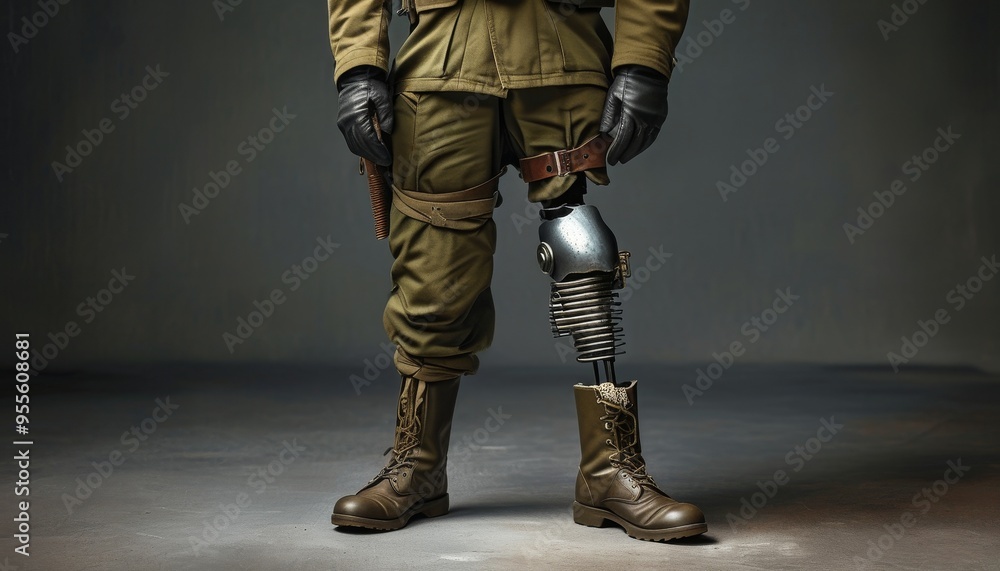 Fototapeta premium Military Prosthetic Leg on Soldier in Uniform Military Prosthetic Leg on Soldier in Uniform