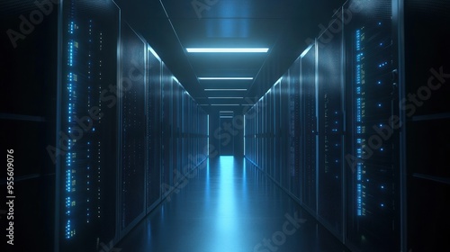 Server data room hallway corridor with electric blue lighting technology background wallpaper AI generated image