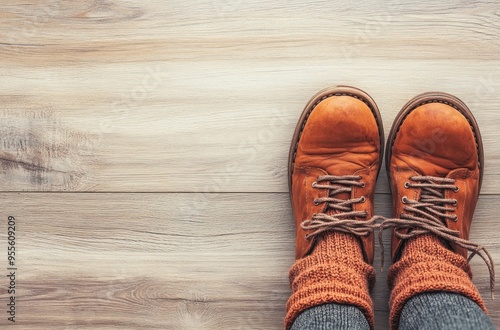 Top View of Brown Boots on Wooden Floor