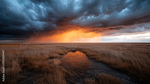 A vibrant sunset storm illuminates a waterlogged field and prairie, displaying a strikingly colorful and powerful rendition of nature's extraordinary and ever-changing landscape. photo