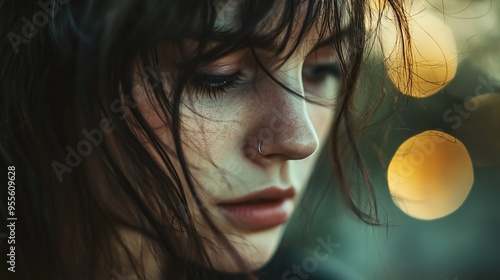 A woman with a nose ring and long hair is looking at the camera