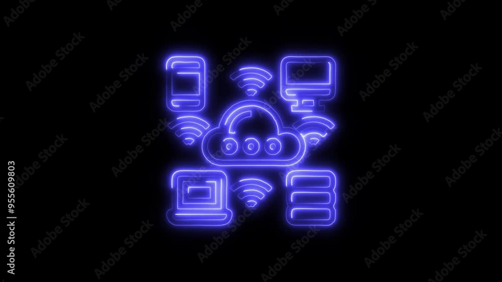 Neon Cloud Connectivity Icon - Glowing Cloud and Connected Devices on Black Background Representing Advanced Technology, High-Tech Networking, and Modern Digital Communication Systems Neon Cloud Connectivity Icon - Glowing Cloud and Connected Devices on Black Background Representing Advanced Technology, High-Tech Networking, and Modern Digital Communication Systems