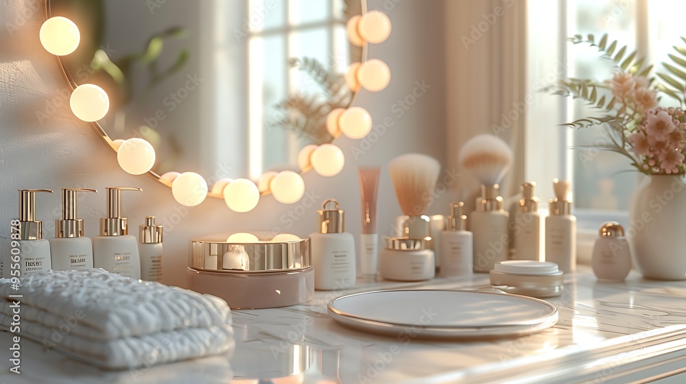 A vanity table with an array of skincare products, makeup brushes, and a decorative floral arrangement, bathed in soft sunlight. A vanity table with an array of skincare products, makeup brushes, and a decorative floral arrangement, bathed in soft sunlight.