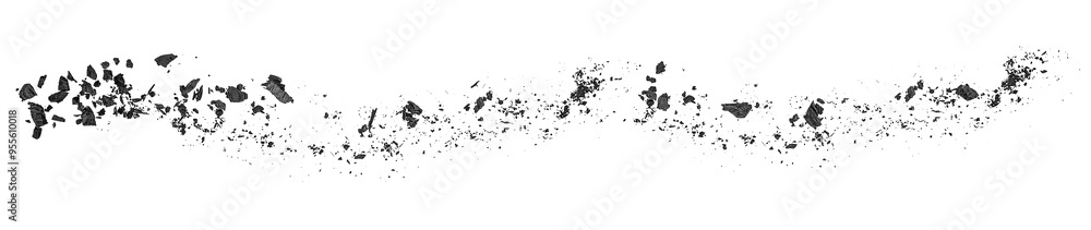 Pieces or dust of charcoal isolated on a white background, top view. Particles of charcoal. Pieces or dust of charcoal isolated on a white background, top view. Particles of charcoal.