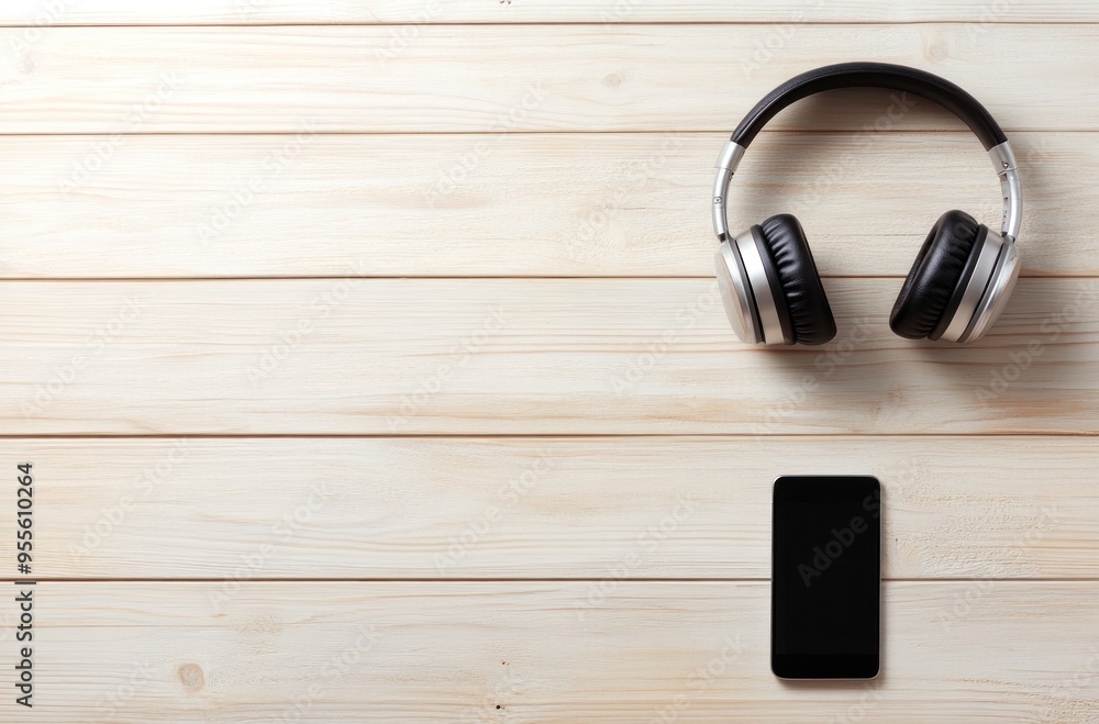 Headphones and Smartphone on a Wooden Table Headphones and Smartphone on a Wooden Table