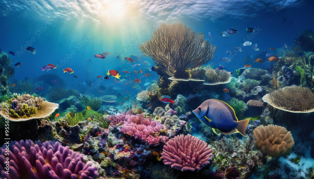 Fototapeta premium Underwater, the deep ocean's vibrant coral reef environment is surrounded by colorful fish