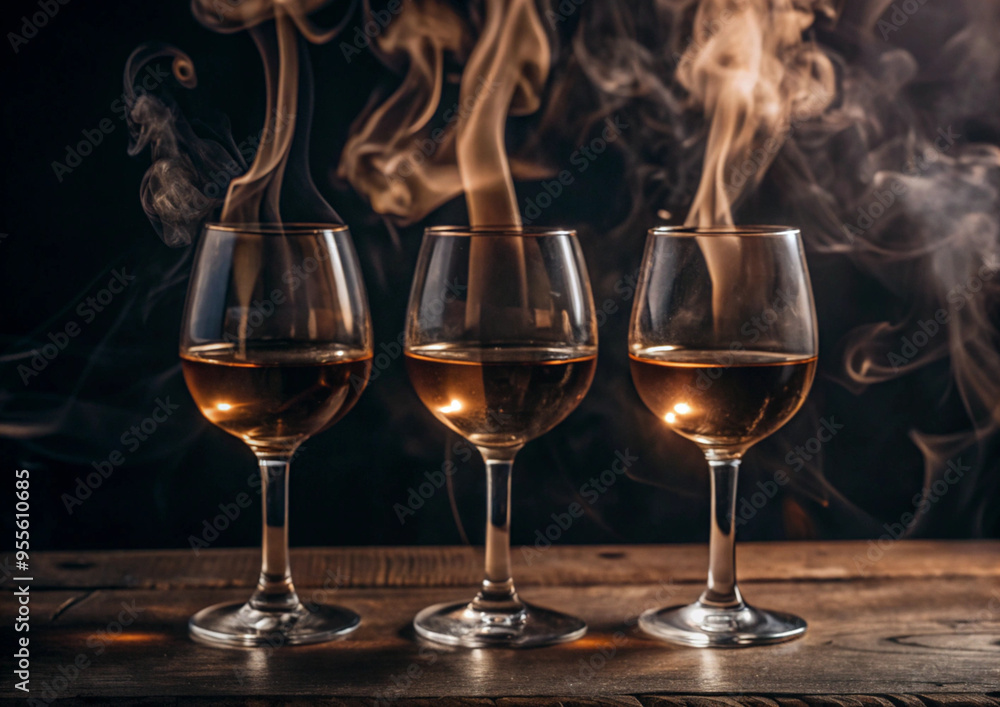 Wine glasses on the fireside table The fire is hot and smoke is rising. Wine glasses on the fireside table The fire is hot and smoke is rising.