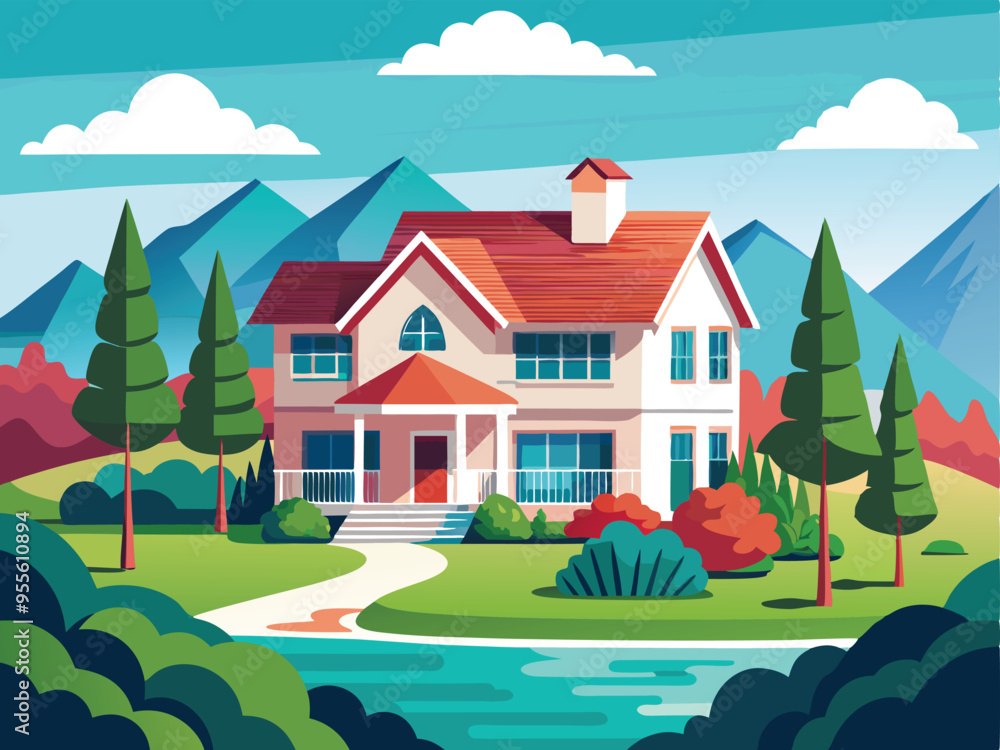 American suburban house. Family home. Flat design concept vector concept illustration American suburban house. Family home. Flat design concept vector concept illustration
