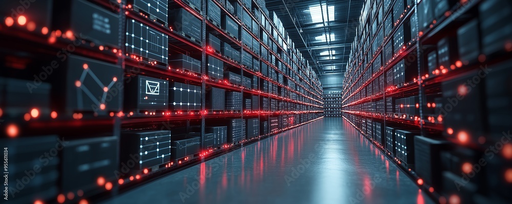 Modern Warehouse with Red Shelf LEDs and Digital Network, Highlighting Technological Advancements in Automated Storage Solutions Modern Warehouse with Red Shelf LEDs and Digital Network, Highlighting Technological Advancements in Automated Storage Solutions