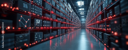 Modern Warehouse with Red Shelf LEDs and Digital Network, Highlighting Technological Advancements in Automated Storage Solutions