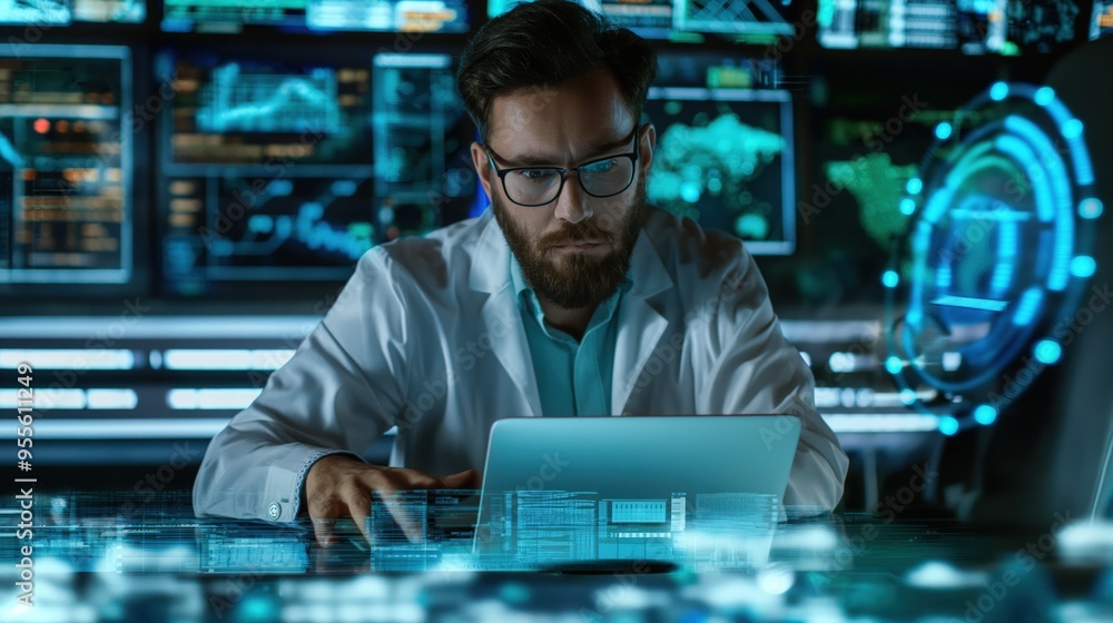 A tech professional focuses on a laptop amid interactive holographic displays showcasing data A tech professional focuses on a laptop amid interactive holographic displays showcasing data