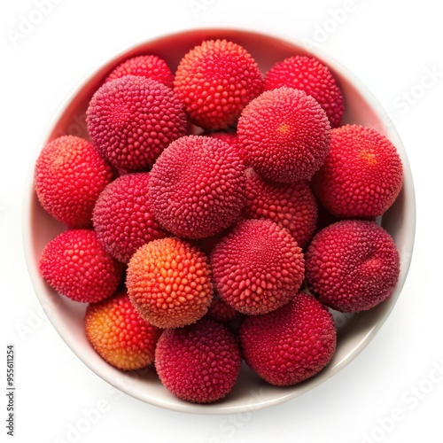 Fresh waxberry yangmei myrica rubra in a white bowl showcasing vibrant colors. Generative AI photo