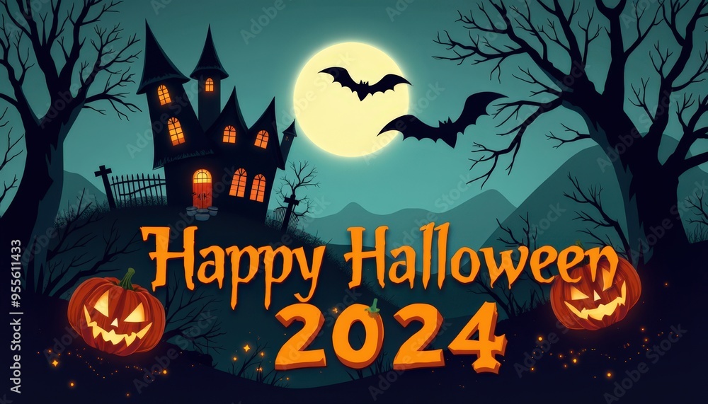 Fototapeta premium Happy Halloween 2024 - Haunted House and Bats