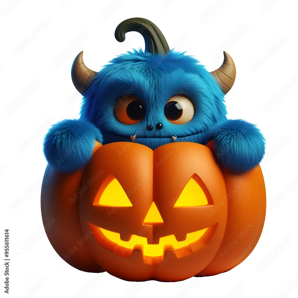 Naklejka premium Cute Monster: Peeking Out of a Jack-o'-lantern, isolated on transparent background.