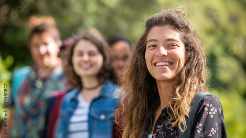 A joyful gathering of diverse individuals standing outdoors, radiating happiness and unity