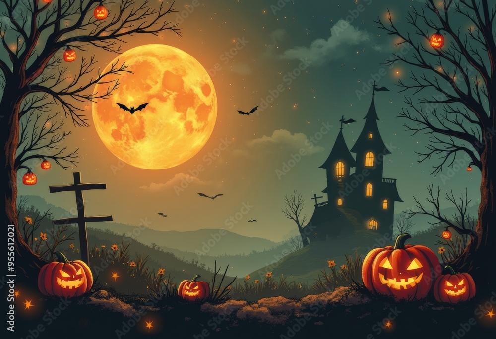 Spooky Halloween Night with Haunted House and Full Moon Spooky Halloween Night with Haunted House and Full Moon