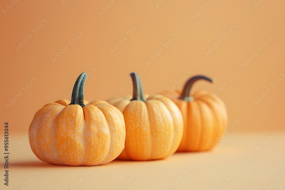 Charming Trio of Miniature Pumpkins Against a Soft Orange Background Charming Trio of Miniature Pumpkins Against a Soft Orange Background