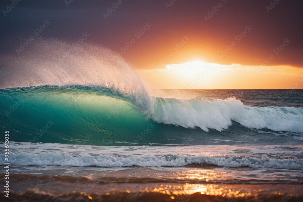 Fototapeta premium A powerful ocean wave crashes onto the shore at sunset, summer on the beach at summer