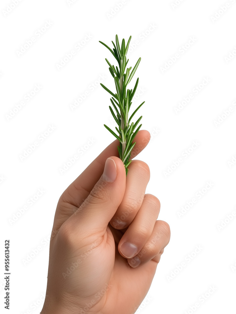 Hand holding sprig of rosemary isolated on transparent background Hand holding sprig of rosemary isolated on transparent background