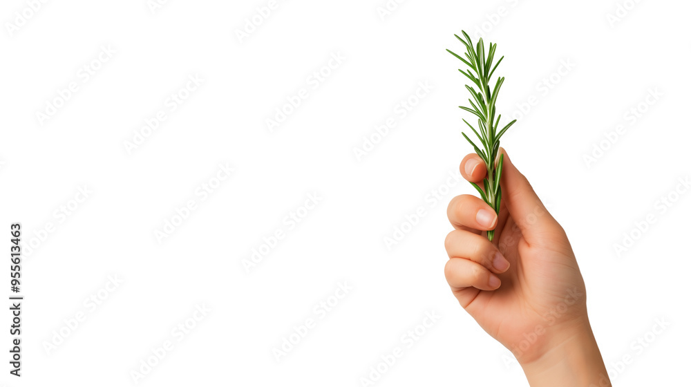 Hand holding sprig of rosemary isolated on transparent background Hand holding sprig of rosemary isolated on transparent background