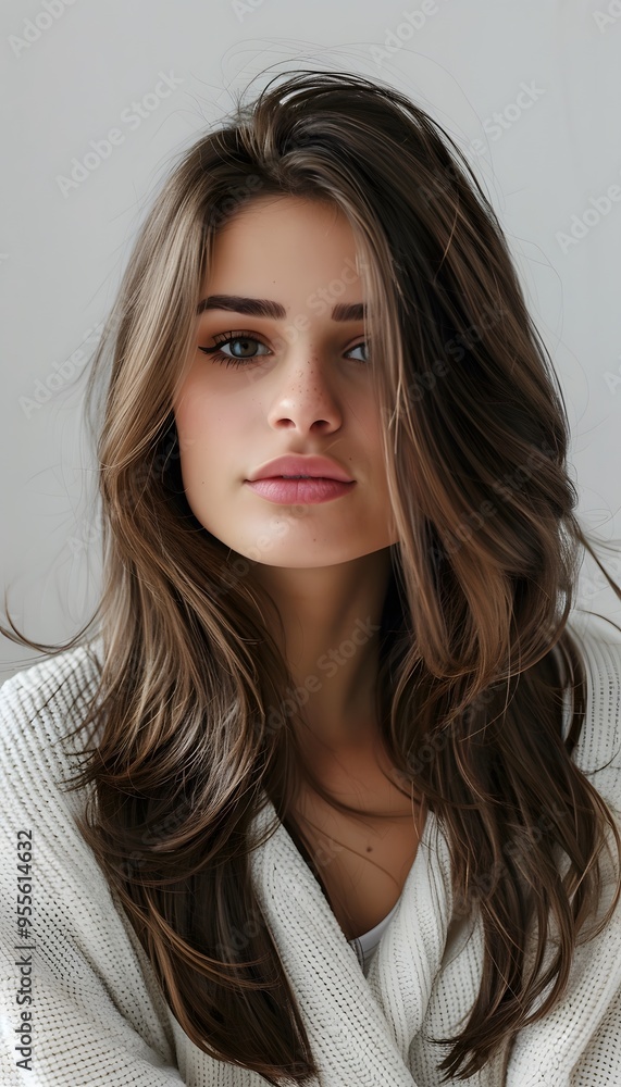 Beautiful brown haired with stylish long hairstyle. Women on white background Beautiful brown haired with stylish long hairstyle. Women on white background