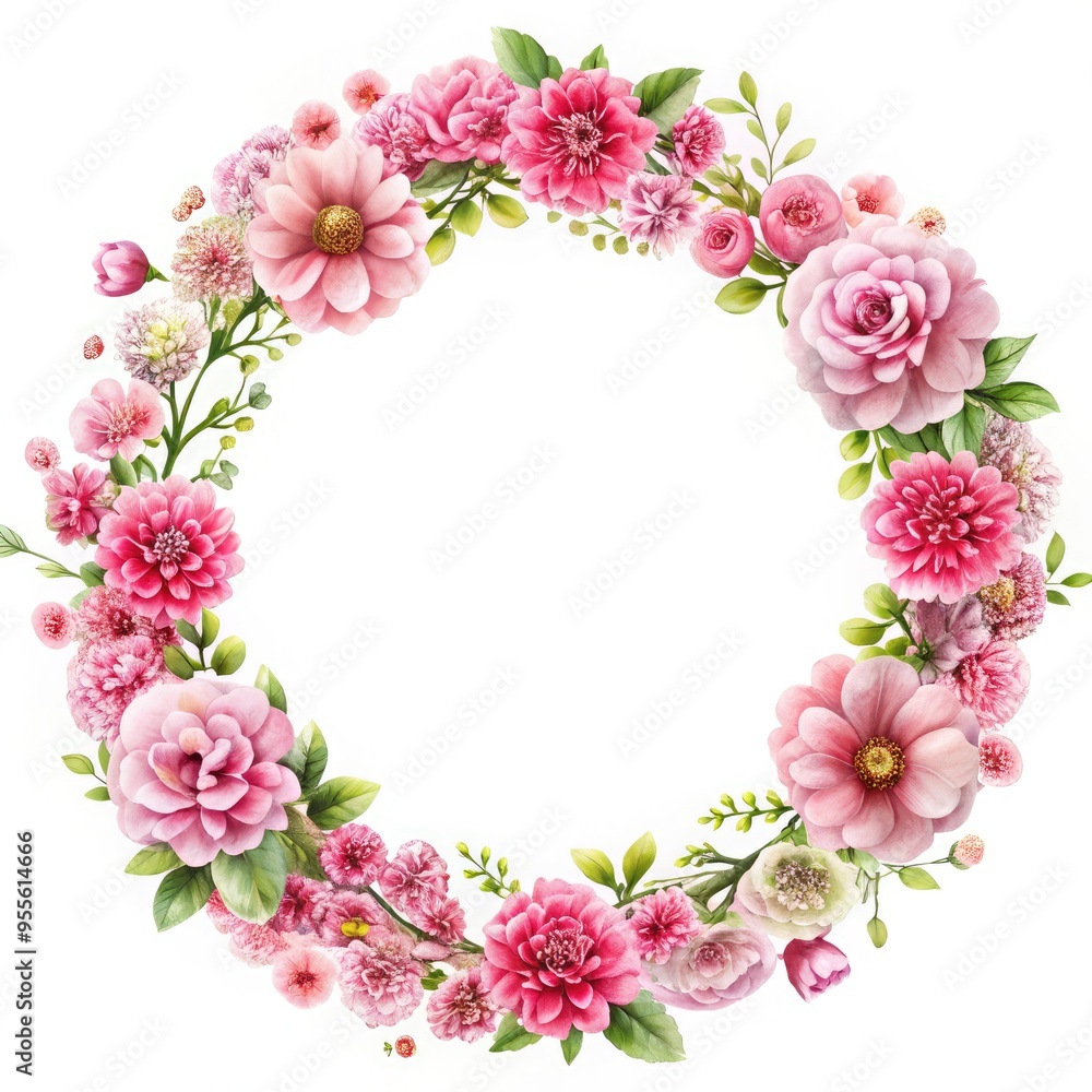 Round floral frame decorated with pink flowers on a white background. Generative AI Round floral frame decorated with pink flowers on a white background. Generative AI