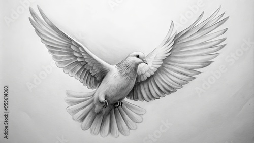 A Detailed Black And White Sketch Of A Dove In Flight, Drawn On Paper With Pencil. photo