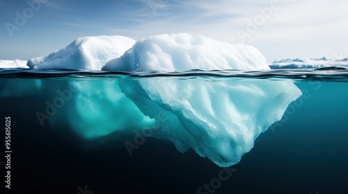 An incredible shot of an iceberg showing its above-water structure and submerged portion, revealing intricate ice formations beneath the clear Arctic waters, symbolizing hidden beauty. photo