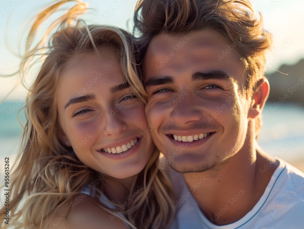 Beautiful young couple smiling on a summer day at the beach Beautiful young couple smiling on a summer day at the beach