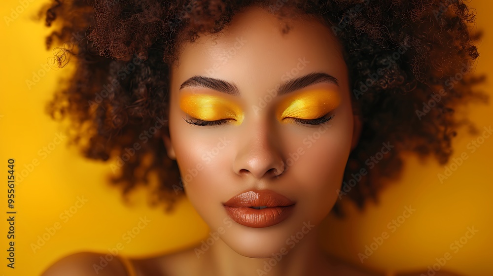 Close-up portrait of a young woman with vibrant yellow eye makeup, against a bright yellow background. Close-up portrait of a young woman with vibrant yellow eye makeup, against a bright yellow background.