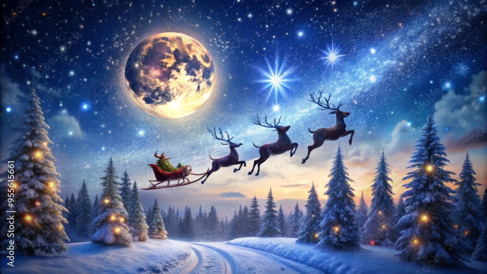 A Festive Winter Scene With Santa'S Sleigh And Reindeer Flying Through The Night Sky Under Sparkling Stars. A Festive Winter Scene With Santa'S Sleigh And Reindeer Flying Through The Night Sky Under Sparkling Stars.