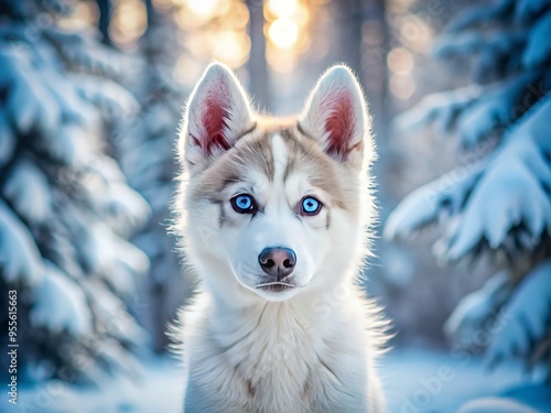 A Fluffy White Siberian Husky Puppy With Piercing Blue Eyes Looks Curiously At The Camera In A Wintery photo