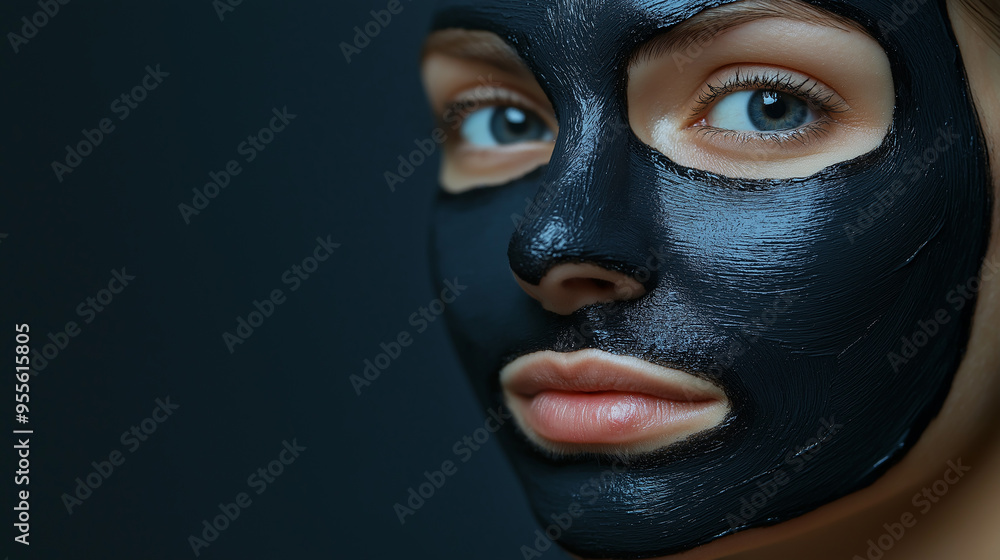 Young woman applying rejuvenating black cosmetic face mask Young woman applying rejuvenating black cosmetic face mask