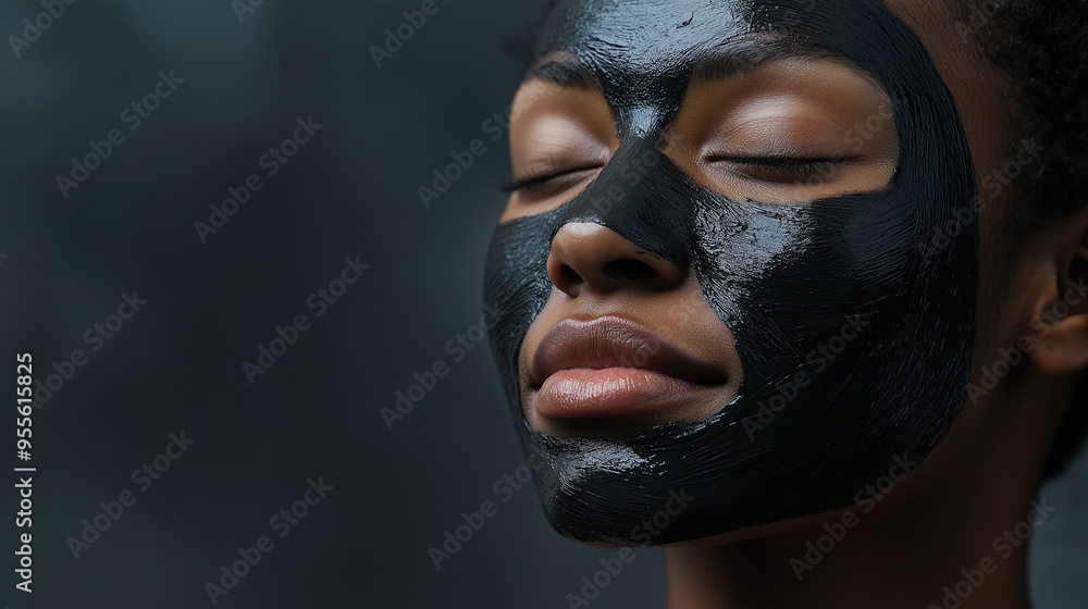 Young woman applying black cosmetic face mask Young woman applying black cosmetic face mask