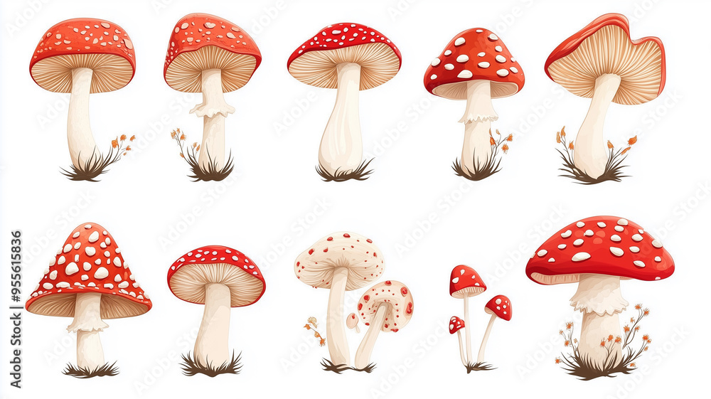 Illustration, set of Fly agaric isolated on white background, design for nursery. Fly agaric design for children’s book, school, education. Design element for autumn mockup. Illustration, set of Fly agaric isolated on white background, design for nursery. Fly agaric design for children’s book, school, education. Design element for autumn mockup.