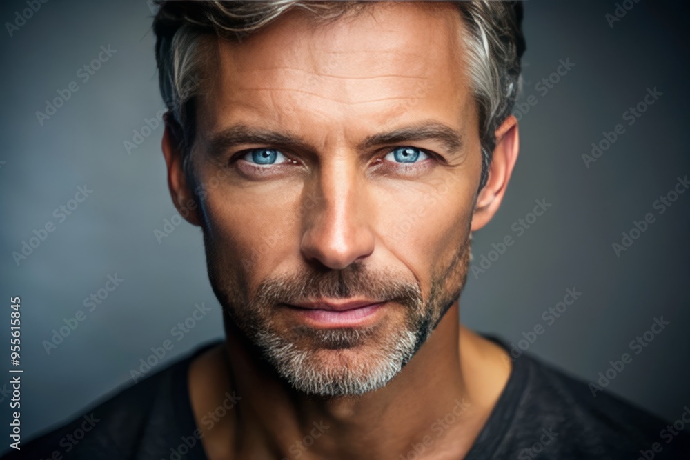 A handsome middle-aged male model with piercing bright blue eyes, chiseled facial features, and a slight smile, gazing A handsome middle-aged male model with piercing bright blue eyes, chiseled facial features, and a slight smile, gazing