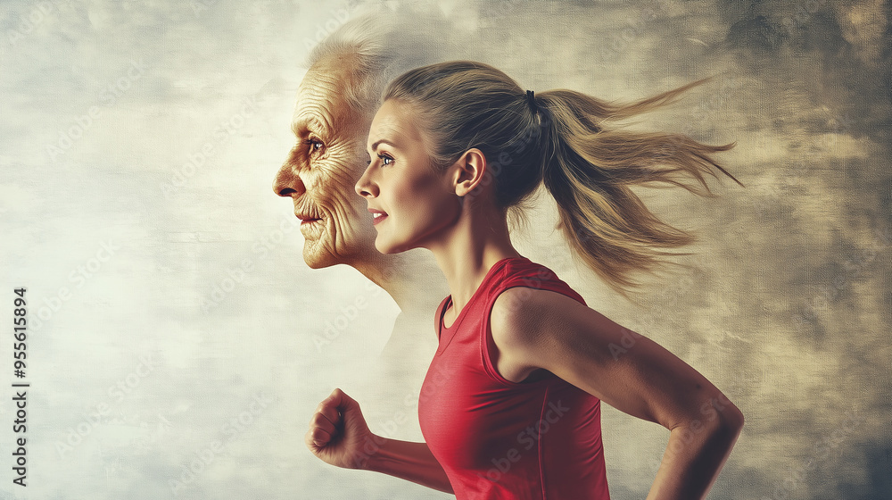 Naklejka premium Young woman running with older self appearing beside her